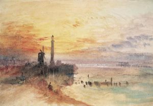 Técnicas más populares para pintar cuadros a mano. 3 Técnicas populares para pintar cuadros. Ejemplo de un cuadro pintado con acuarelas con una playa con molino y un faro al atardecer.