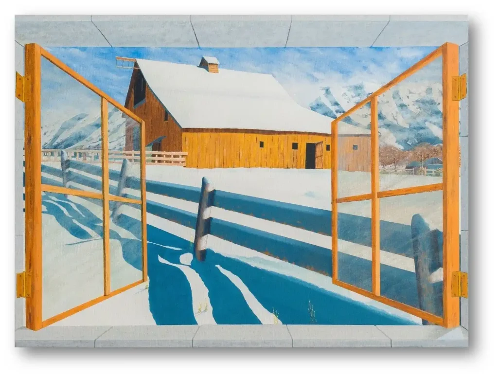 Cuadro "Granja Nevada" con aplicación de veladuras para crear efecto cristales en las ventanas.